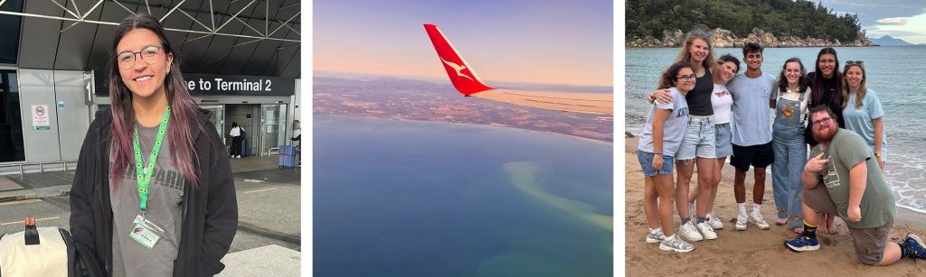 Left: Asia stands smiling outside an airport terminal with a sunflower lanyard around her neck.
Middle: A view from a plane window showing a red Qantas wing above land and ocean.
Right: A group of eight mentors – Liv, Bella, Lilly, Gavin, Bea, Asia, Ava & Brad – stand on the beach with arms around each other, smiling in front of the ocean and a rocky, forested coastline.