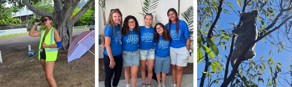 Left: Asia, in a neon safety vest, looks through binoculars while standing under a large tree, with a striped umbrella in the background.
Middle: Five young women – Bella, Lill, Ava, Liv and Asia – smile at the camera wearing matching blue “USHthis Australia” t-shirts.
Right: A wild koala clings to a high tree branch, surrounded by eucalyptus leaves and blue sky.